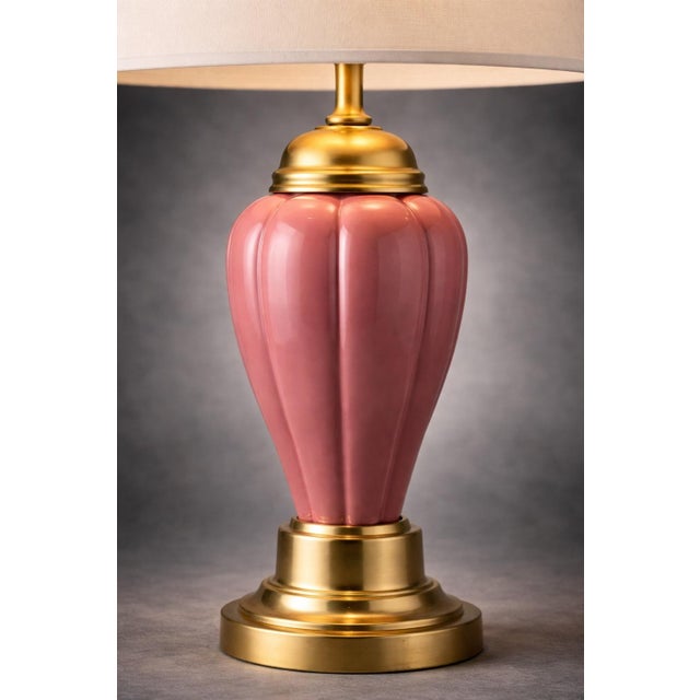 Hollywood Regency Late 20th Century Hollywood Regency Pink Fluted Ceramic & Brass Table Lamp With Linen Shade For Sale - Image 3 of 11