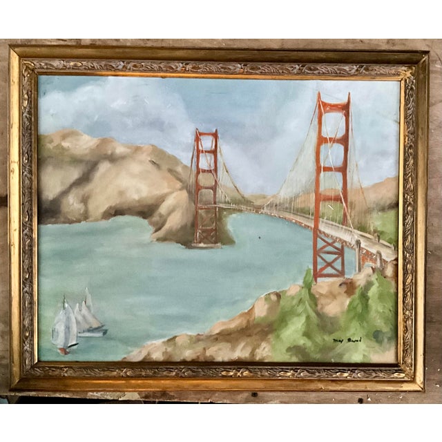Vintage Golden Gate Bridge Oil Painting With Sailboats in Ornate Gilt Frame For Sale In Los Angeles - Image 6 of 8