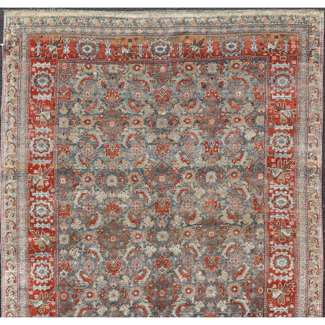 Tribal Antique Persian Bidjar Gallery Rug With Blue-Grey Field and Red Herati Design For Sale - Image 3 of 14