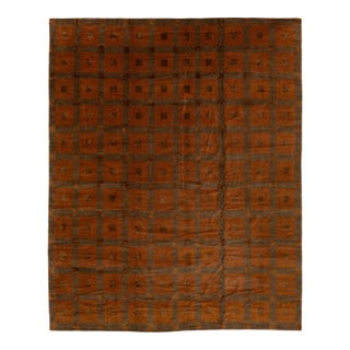 Modern Tibetan Hand-Knotted Wool and Silk Geometric Grid Rug in Burnt Orange For Sale
