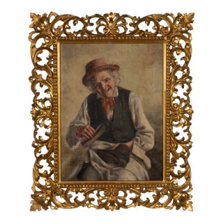Antique Italian Genre Scene Oil Painting "Shoe Shiner" Cobbler by Ezio Ricci Gilded Florentine Frame, Circa 1910 For Sale