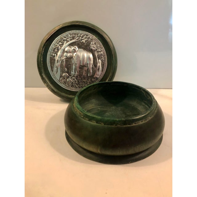 Round Green Wood Box With Elephant Tin Accent For Sale - Image 4 of 10