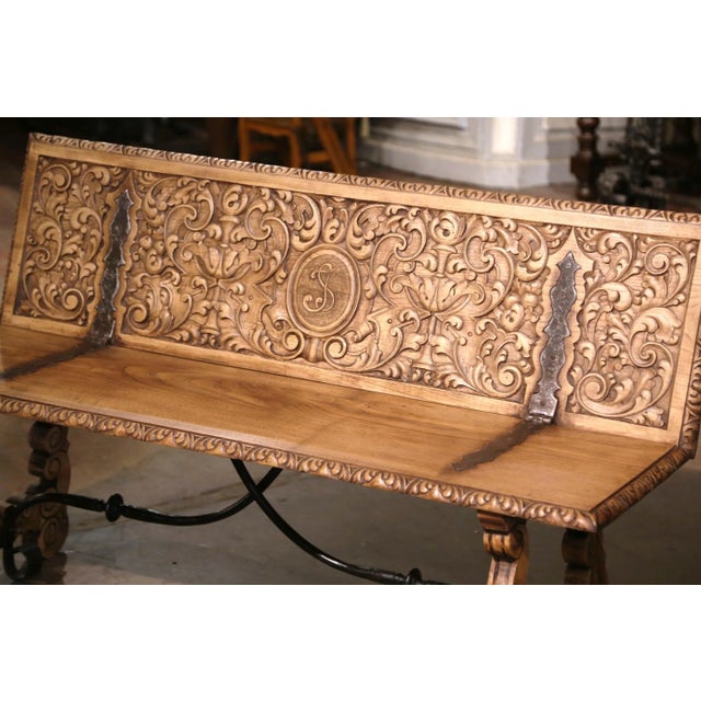 Renaissance 19th Century Spanish Renaissance Carved Chestnut Folding Bench With Iron For Sale - Image 3 of 12