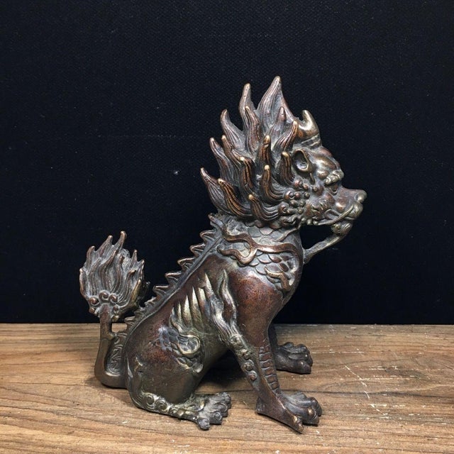 Asian Pair of Vintage Bronze Xiezhi Mythical Guardian Beast Statues For Sale - Image 3 of 6