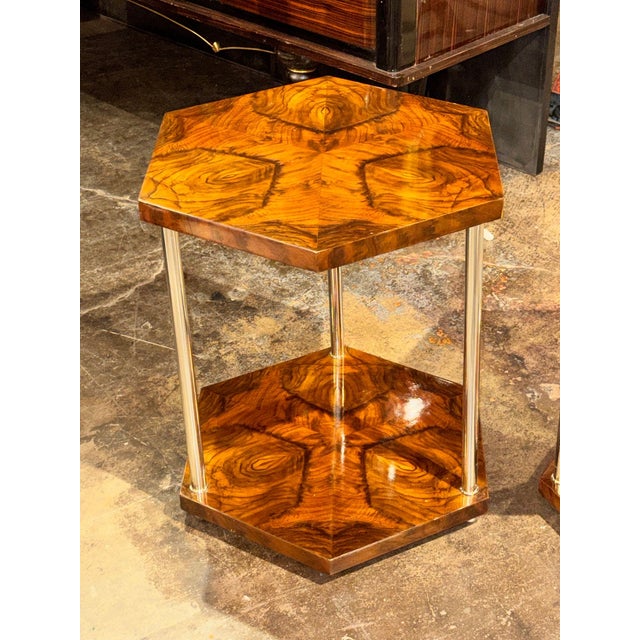 Art Deco Italian Art Deco Style Walnut and Chrome Hex Side Tables For Sale - Image 3 of 7