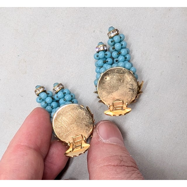 Metal Vintage 1950s Signed Hattie Carnegie Goldtone Faux-Turquoise Beaded Clip Earrings-2 Pieces For Sale - Image 7 of 7