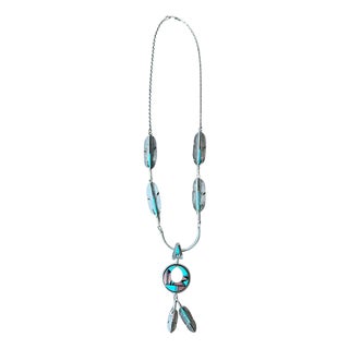 Vintage Turquoise Native American 925 Silver Pendant Necklace For Sale