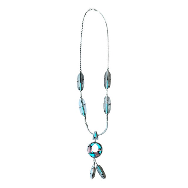 Vintage Turquoise Native American 925 Silver Pendant Necklace For Sale