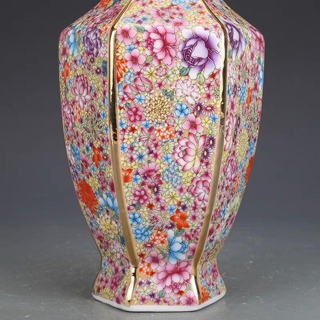 Chinese Exquisite Chinese "Millefleur" Hexagonal Porcelain Vase With Gilt Accents For Sale - Image 3 of 5