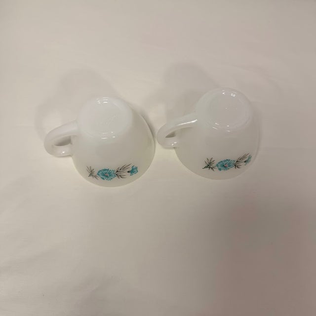 Vintage Mid-Century Fire King Milk Glass Teacups Blue Cornflower Anniversary Pattern - Set of 2 For Sale - Image 4 of 11
