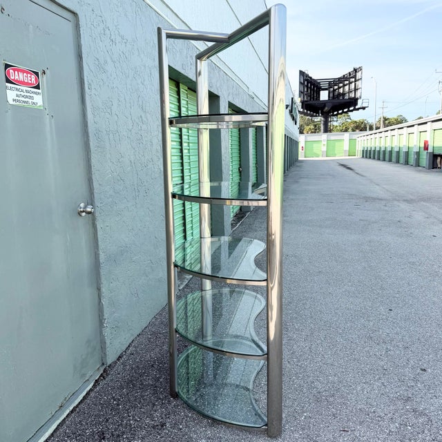 Postmodern Sculpted Brushed Metal Etagere/Bookshelf With Tear Drop Glass Shelves For Sale - Image 9 of 12