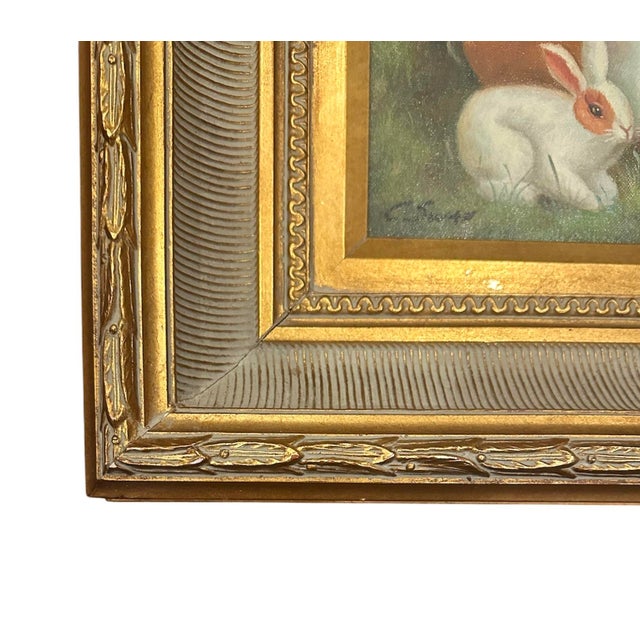 French Country Vintage Gilt Framed Bunnies / Two Rabbits Oil on Canvas Painting, Signed For Sale - Image 3 of 3