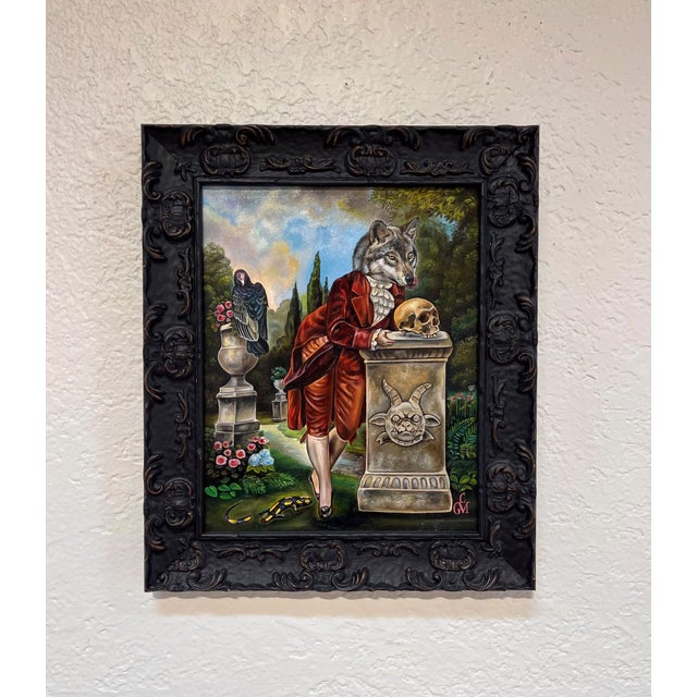 Early 21st Century Lust for Life by Claudia Griesbach-Martucci | Oil on board Wolf-headed figure in a garden setting. For Sale - Image 5 of 5