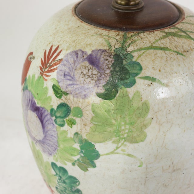 Famille Rose Antique Porcelain Vase Lamp With Bird and Floral Motif on Wood Base For Sale - Image 9 of 16