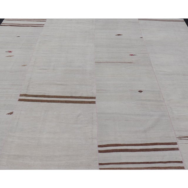 Turkish Vintage Kilim in Wool with Sub-Geometric Striped Panel Design. Vintage Kilim Rug with All-Over Sub-Geometric Panel...