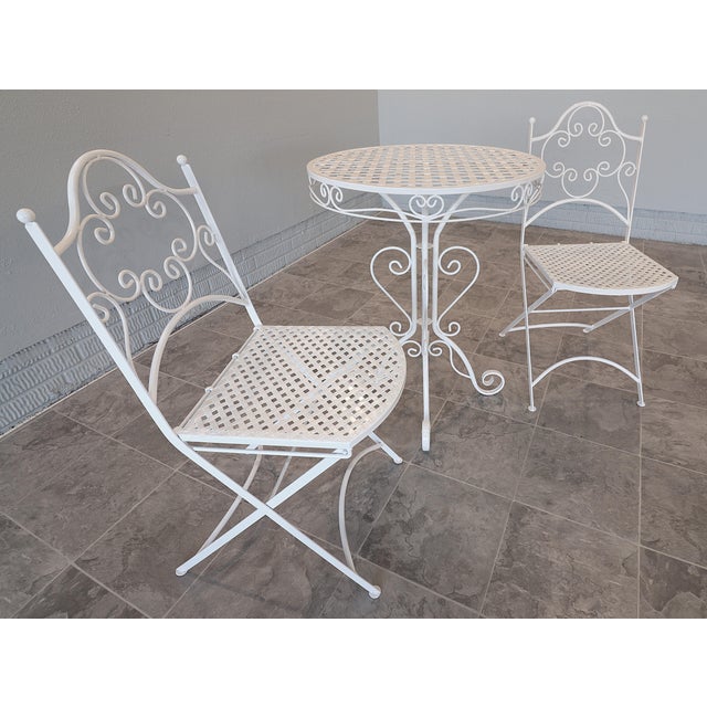 White Vintage Mid-Century Wrought Iron Bistro Set, 3 Pieces For Sale - Image 8 of 11