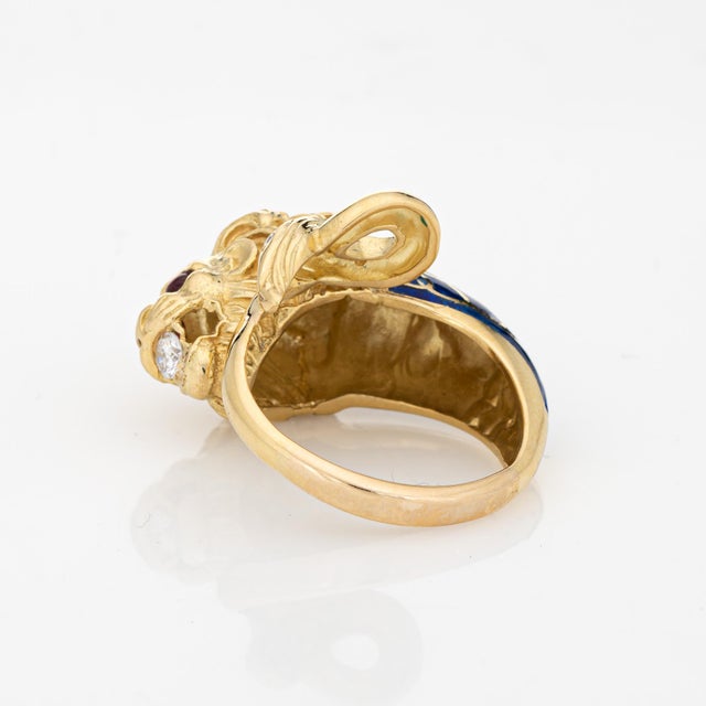 1980s Large Lion Ruby Eyes Diamond Blue Enamel Ring Size 8.5 For Sale In Los Angeles - Image 6 of 6