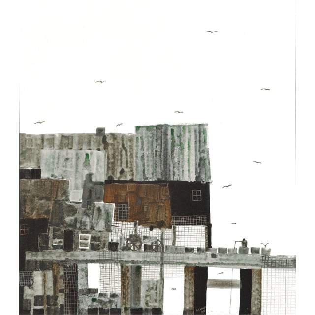 Wonderful mid-century modern tonal painting of Tiburon Wharf and Fisherman by Albert Anderson Clymer (American, b. 1942),...