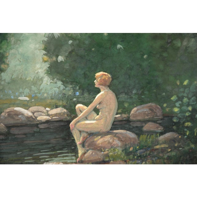 Lady by the Pond, 1920's Art Nouveau Nude Figurative Landscape by John Jay Baumgartner For Sale - Image 9 of 10