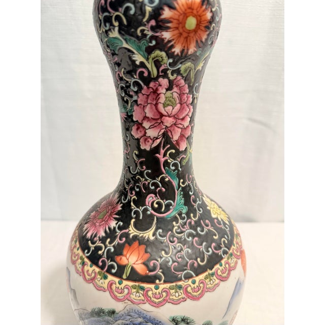 White Vintage 14" Famille Noire & Rose "Boys at Play" Vase by Turtle and Crane - Chinoiserie Chic For Sale - Image 8 of 9