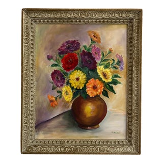 1940’s Vintage Brightly Colored Floral Still Life Oil Painting in Vintage Frame For Sale