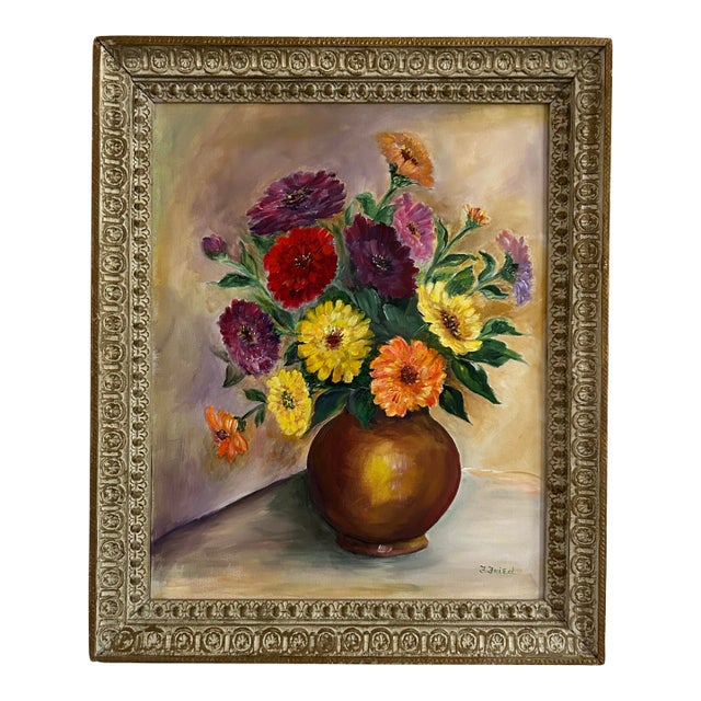 1940’s Vintage Brightly Colored Floral Still Life Oil Painting in Vintage Frame For Sale