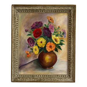 1940’s Vintage Brightly Colored Floral Still Life Oil Painting in Vintage Frame