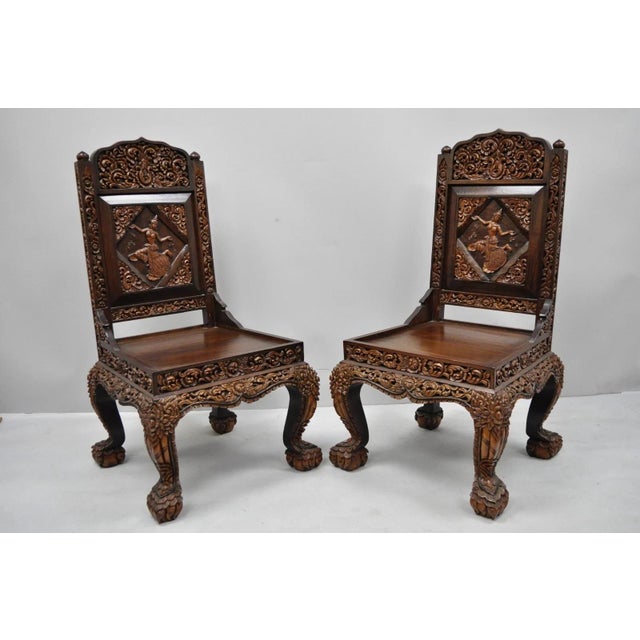 Vintage Chinoiserie Thai Oriental Carved Teak Wood Dining Side Chairs - A Pair For Sale - Image 12 of 12