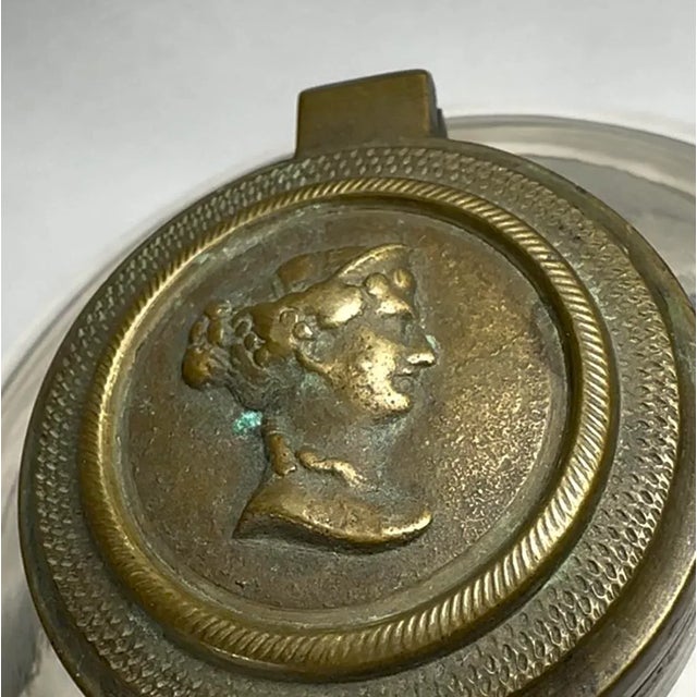 Impressive handblown clear glass heavy inkwell with bronze lid. The robust mushroom shaped inkwell is created with heavy...