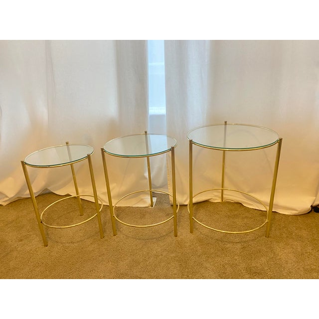1970s Set of 3 Round Brass & Glass Nesting End Table For Sale - Image 13 of 13