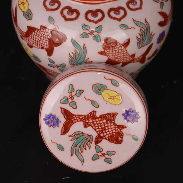 Ceramic Chinese Vintage Ceramic Pot,China Old Porcelain Factory Made Famille Verte Porcelain Tea Jar Hand Painted Lotus Flowers and Mandarin Duck Pattern For Sale - Image 7 of 8