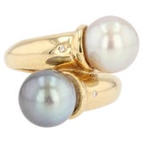 Image of Modern Diamonds , White and Gray Pearl Duo Ring in 18 Karat Yellow Gold For Sale
