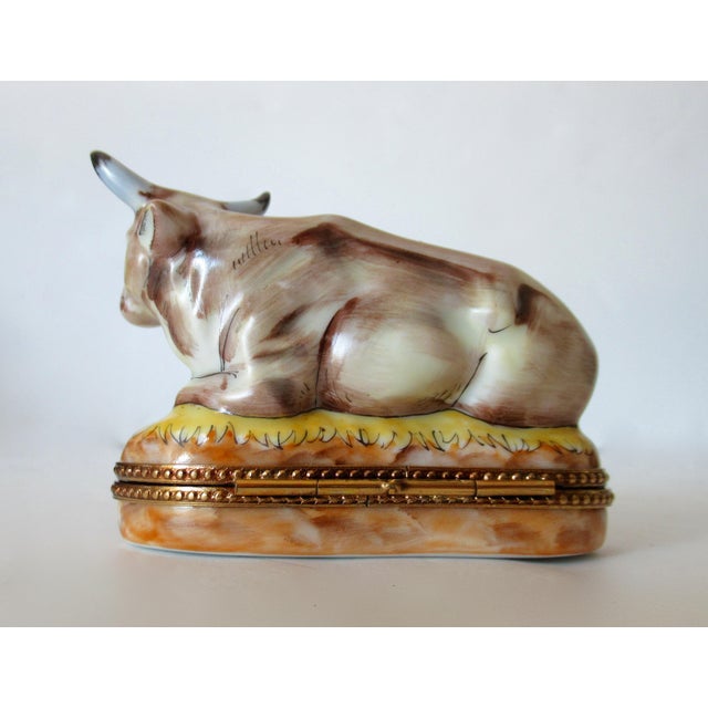 Vintage: C.1991 Limoges, French Rochard, hand-painted , "Longhorn Cow," in Repose porcelain enameled Lidded trinket box...