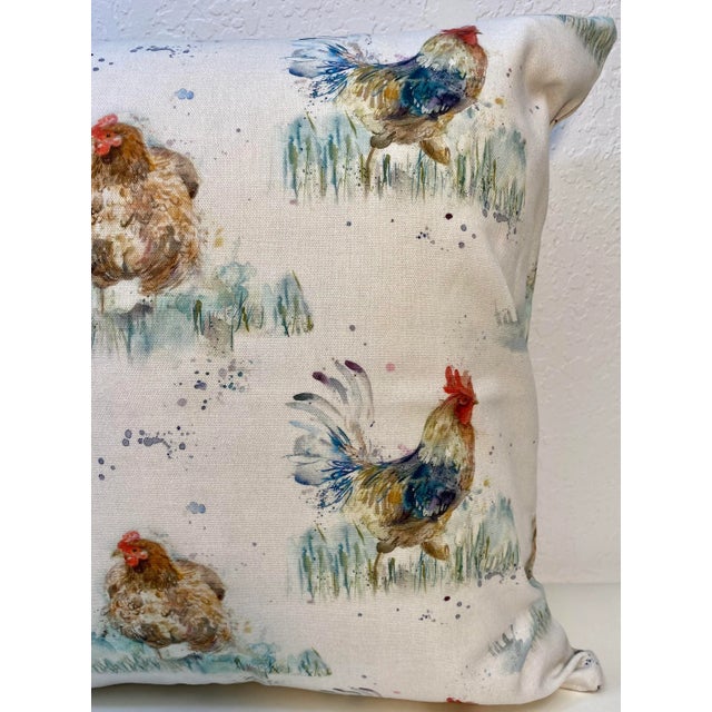 2010s 20” Square Pillow Adorned With a Chicken & Rooster Print - Made in U K For Sale - Image 5 of 11
