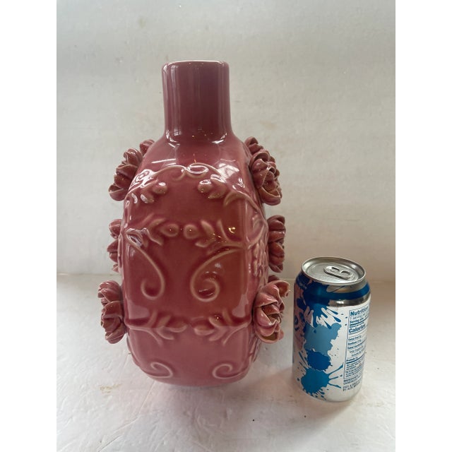 Late 20th Century Chinese Porcelain Vase Hand Sculpted Pink Flowers For Sale - Image 5 of 10