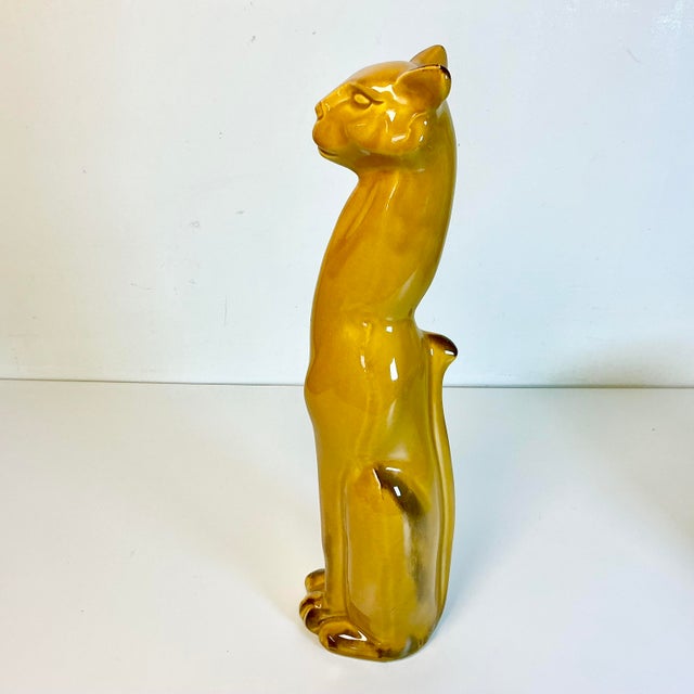 Mustard 1973 Vintage Art Deco Boho Chic Folk Art Majolica Ceramic Cat Figural - 17" Tall, Artist Signed For Sale - Image 8 of 13