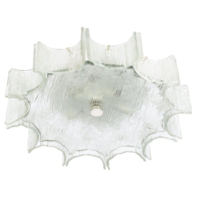 Large Murano Ice Glass Chrome Flush Mount attributed to Kaiser, Germany, 1960s For Sale