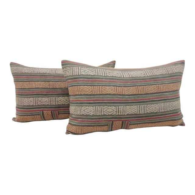 Vintage Woven Stripes Turkish Lumbar Decorative Pillows - Set of 2 For Sale