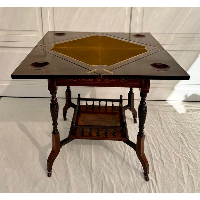 Wood Antique Louis XVI Marquetry Envelope Folding Game Table With Felt Top & Drawer For Sale - Image 7 of 18