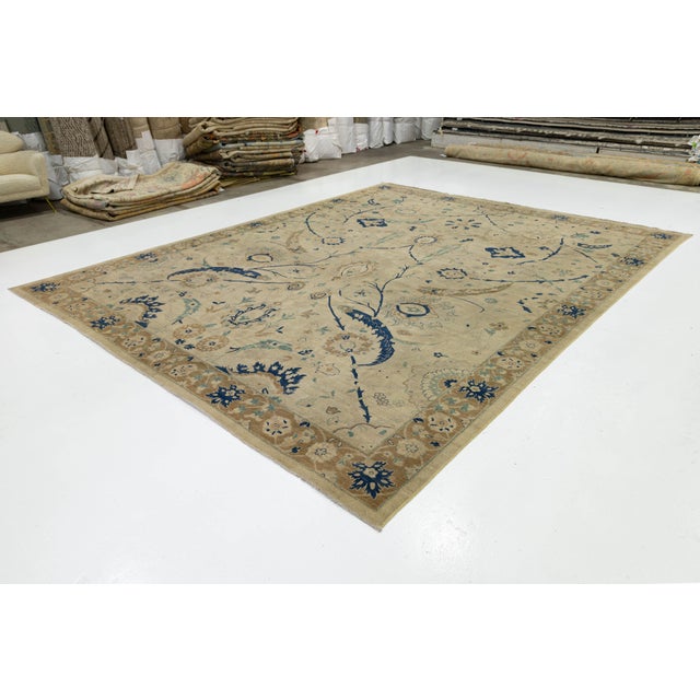 Vintage Tabriz Style Wool Area Rug – Neutral Persian Design With Indigo Accents For Sale - Image 4 of 11