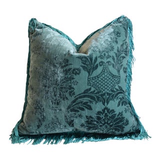 Turquoise French Velvet Feather/Down Pillow W/ Fringe 23" Square For Sale