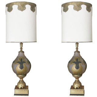 Hand Painted Impasto Frosted Glass Mid-Century Table Lamp With Shade - a Pair For Sale