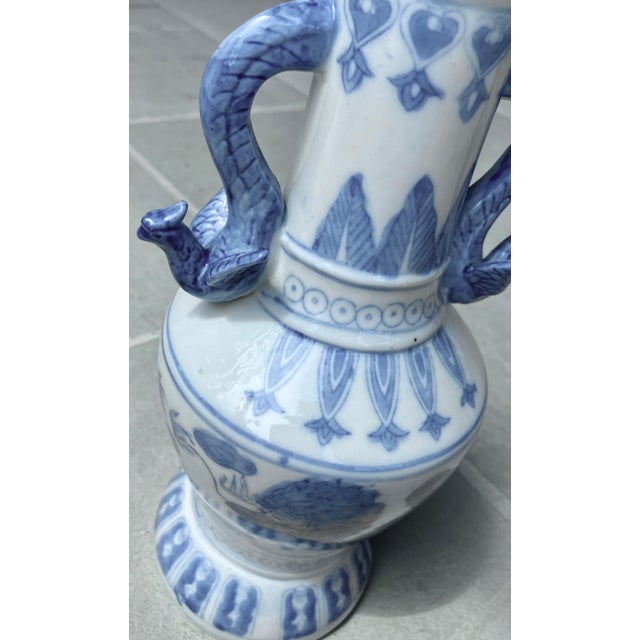 Mid 20th-Century Slender Neck Fengweizun-Style Blue & White Fèng Huáng Handle Dragon Vase For Sale - Image 16 of 17