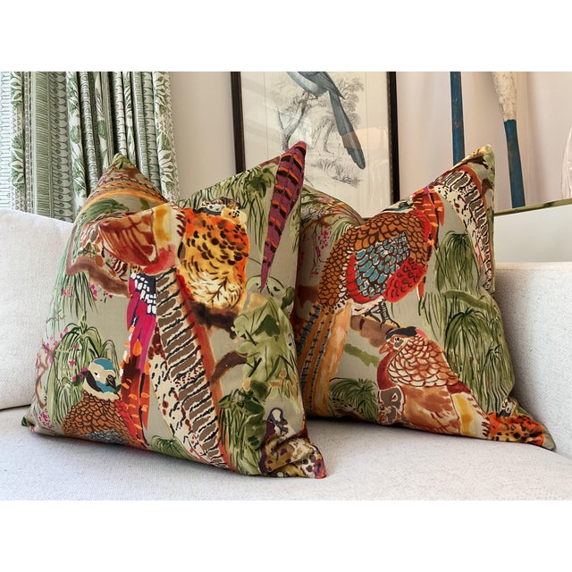 Art Deco Velvet Mulberry for Lee Jofa Game Birds in Fig and Multi and Stone Pillows- a Pair For Sale - Image 3 of 5
