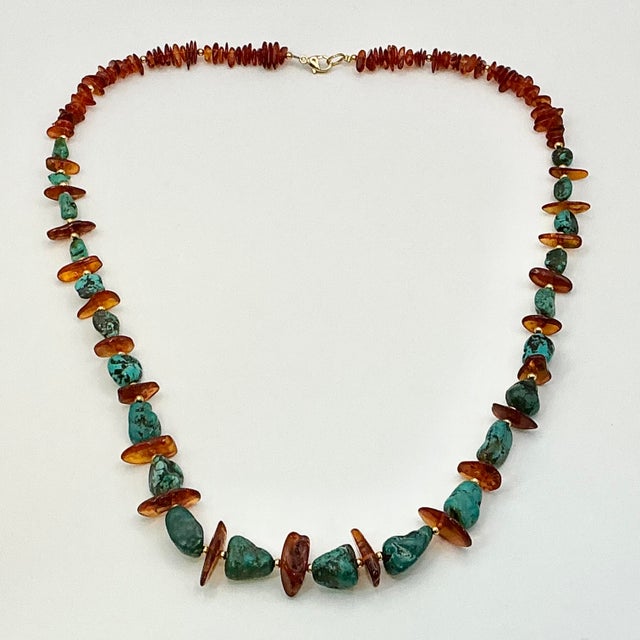 Boho Chic 1980s Vintage Boho Chic Baltic Amber & Faux Turquoise Nugget Beaded Necklace - 26” For Sale - Image 3 of 11