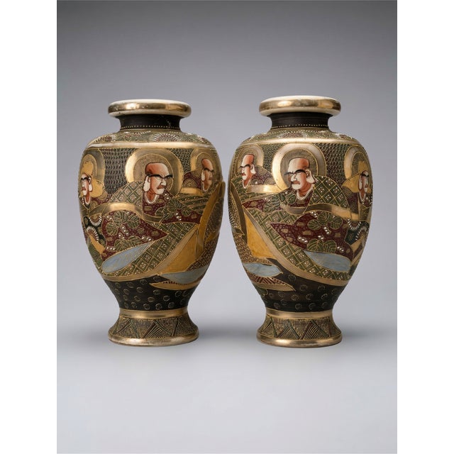 Japanese Satsuma Polychrome Vases with Gilt Decoration and Figures, 1890s, Set of 2 For Sale - Image 13 of 13