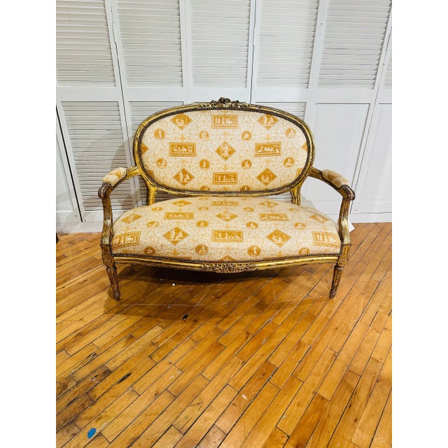 Gold Antique Gold Guilt French Settee, Recovered For Sale - Image 8 of 8