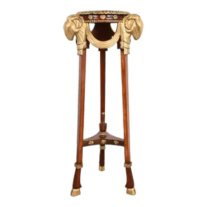 John Widdicomb Neoclassical Mahogany Guéridon Pedestal Table or Plant Stand With Gold Gilt Ram Heads and Hooved Feet