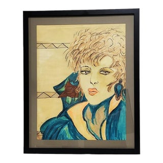 Original Watercolor Exotic Pop Star Woman - Artist Signed "Patricia" - Manner of Patrick Nagel For Sale