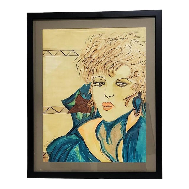 Original Watercolor Exotic Pop Star Woman - Artist Signed "Patricia" - Manner of Patrick Nagel For Sale